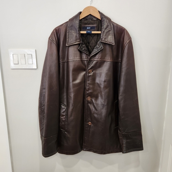 Vintage Gap 100% Cow Leather Long Jacket Mens XL Brown Quilted Lined 3 Button - Picture 2 of 11
